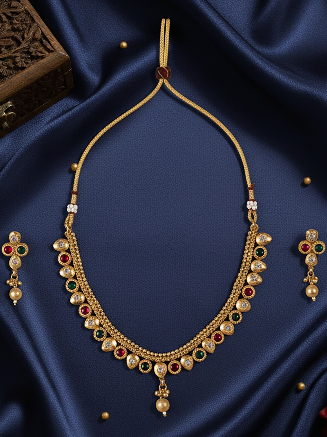 SOLLIGHT Gold-Plated Cubic Zirconia And Emerald Studded & Beaded Necklace With Earrings