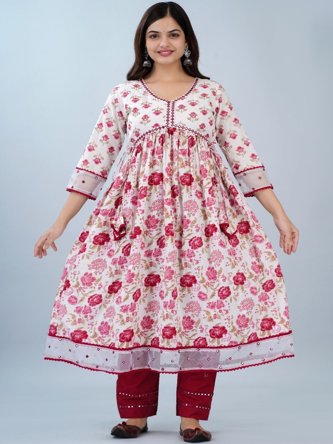 Aloan Beauty Floral Printed V-Neck A-Line Pure Cotton Kurta with Palazzos & Dupatta