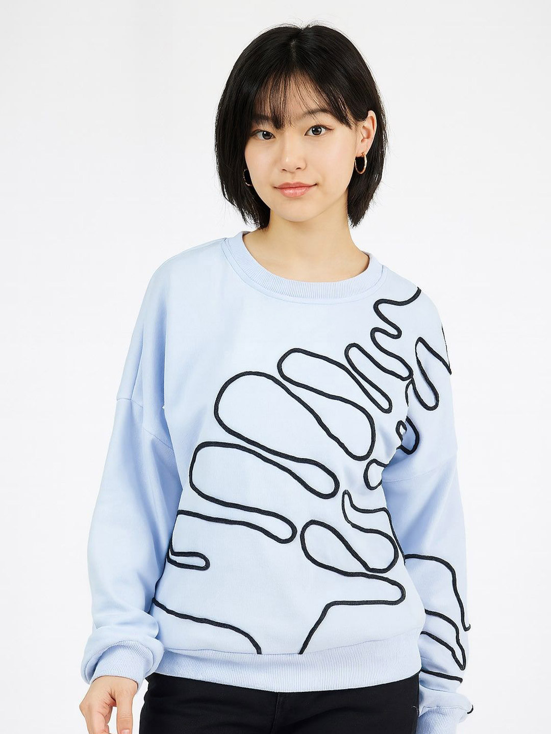 Pookiie Women Embroidered Round Neck Cotton Oversized Sweatshirt