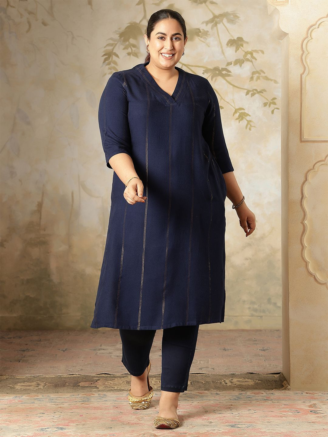 Amydus Plus Size Women Pin Striped Thread Work V Neck Straight Kurta