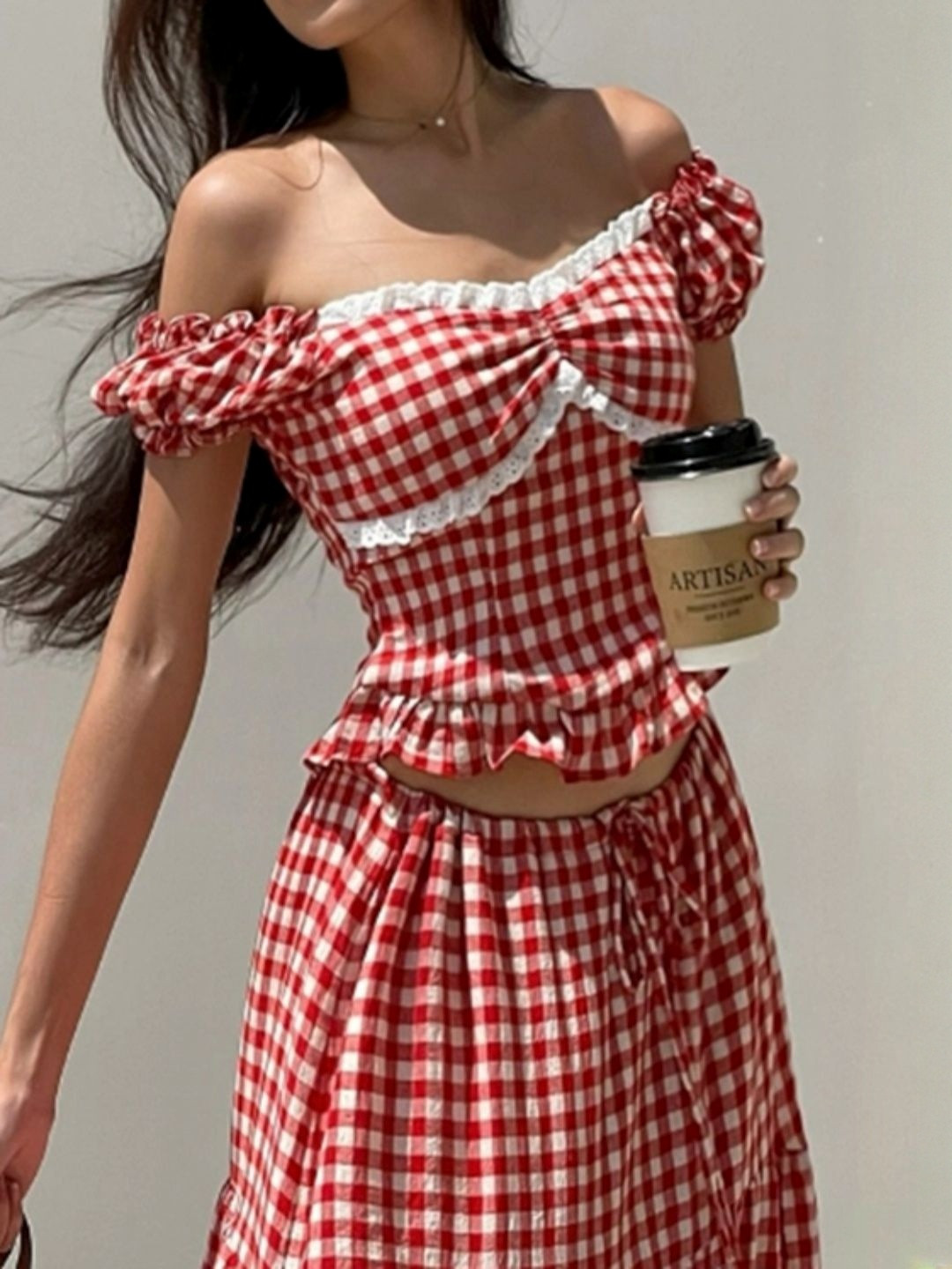 Quintessentials Checked Off-Shoulder Puff Sleeve Blouson Crop Top