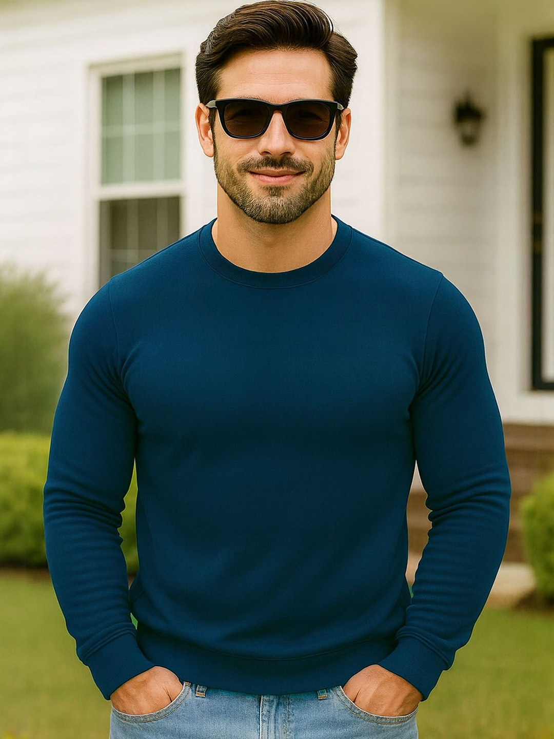 SZN Men SBlue Solid Fleeces Sweatshirt