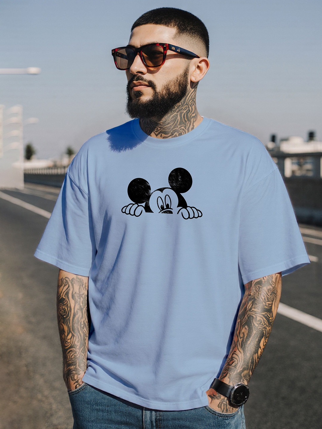 MaverIQ Mickey Mouse Printed Round Neck Drop-Shoulder Sleeves Oversized Cotton T-shirt