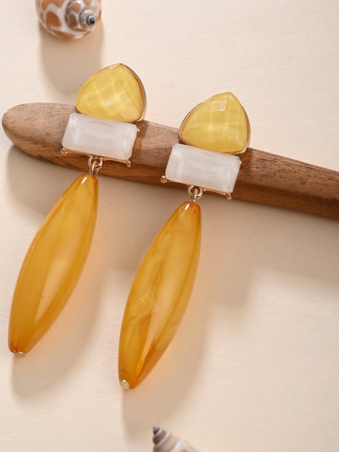 Reenisaa Gold-Plated Gem Stones Studded Triangular Shaped Drop Earrings