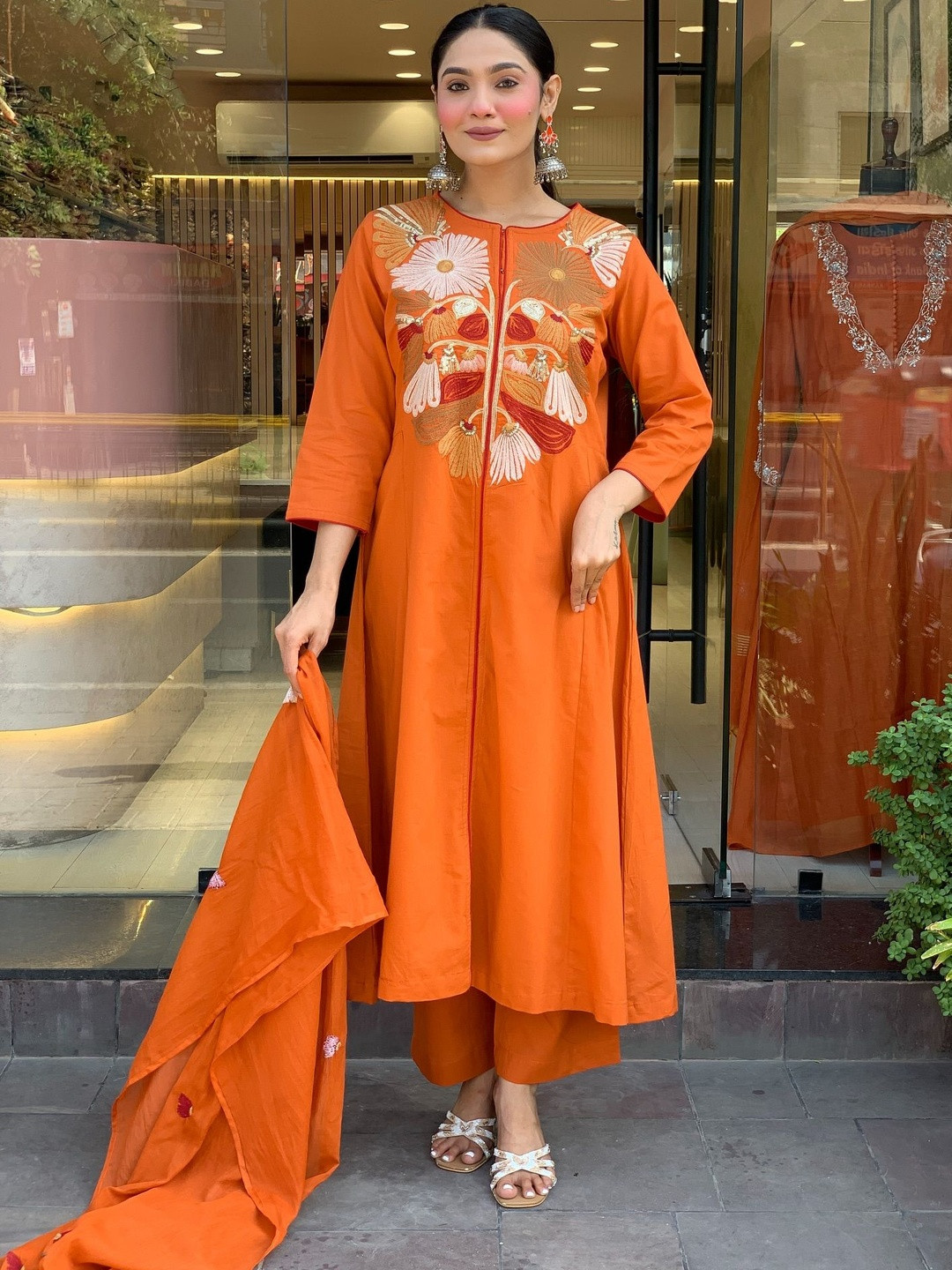 AG TEXTILE Floral Embroidered A-Line Chanderi Silk Kurta With Palazzos & Dupatta