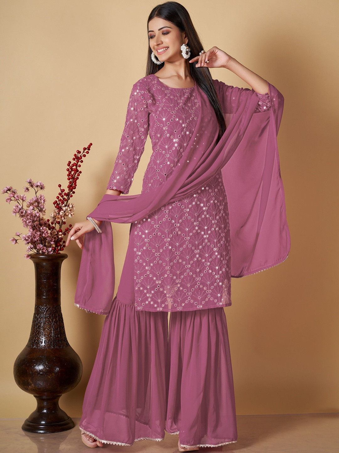 Morang Embroidered Mirror Work Regular Kurta With Sharara & Dupatta
