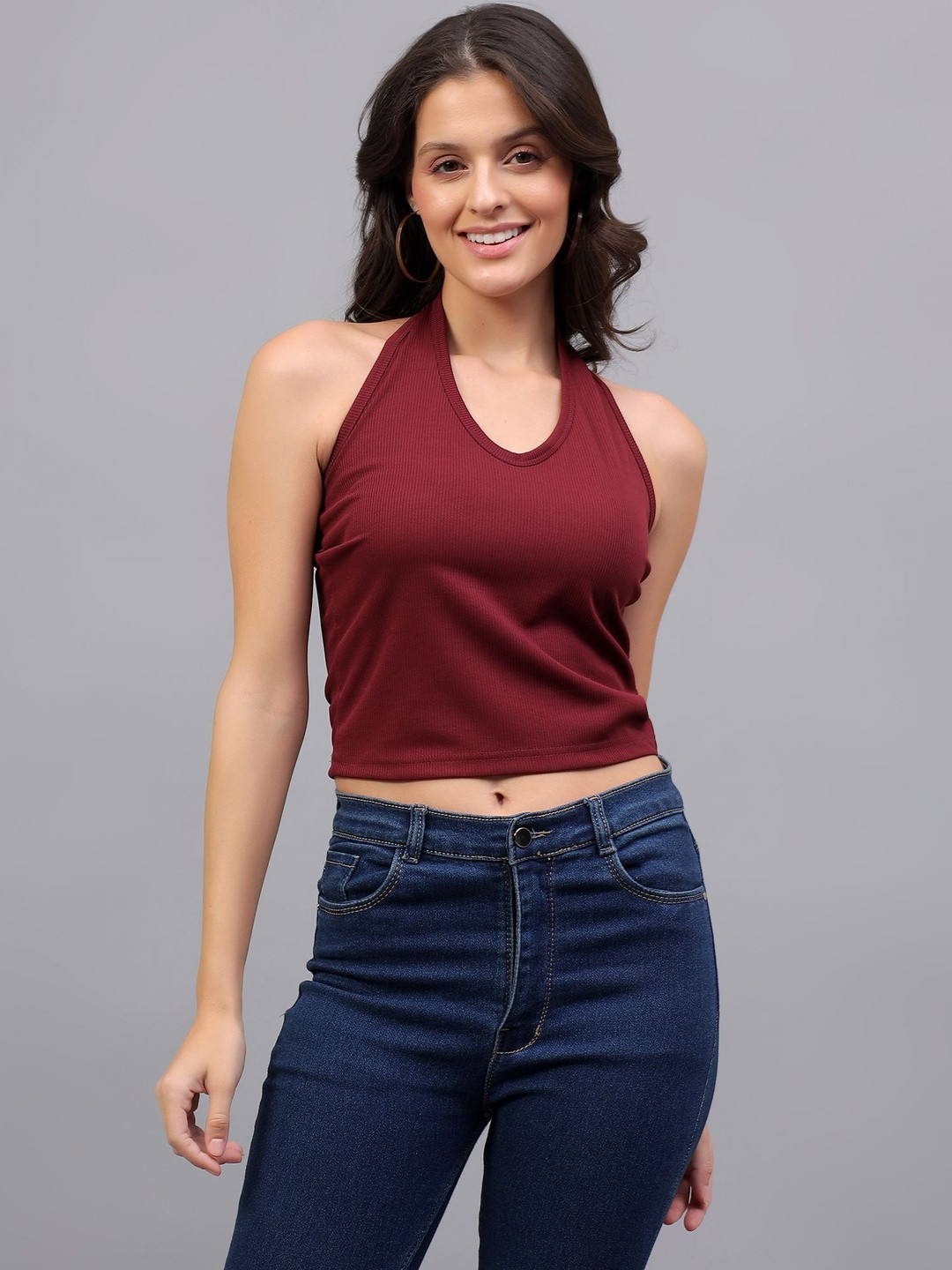 DIAZ Women Halter Neck Sleeveless Crop Regular Top