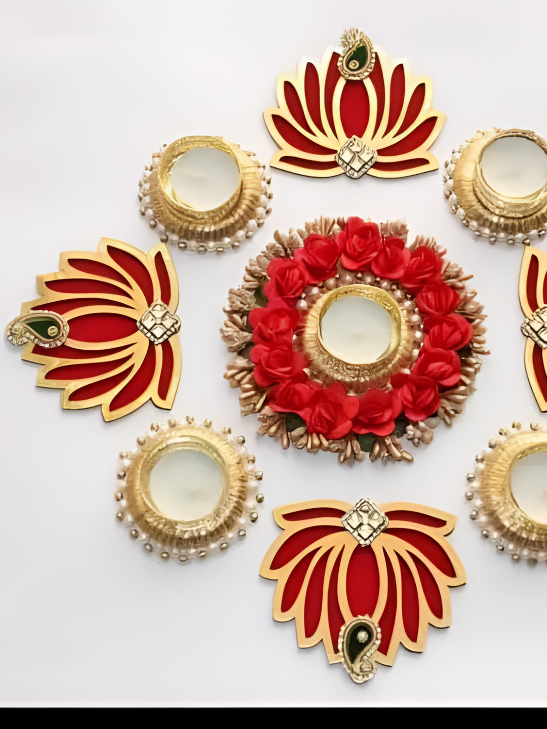 Sellplus Red & White Lotus With Moti Chudi Candle Holder Rangoli