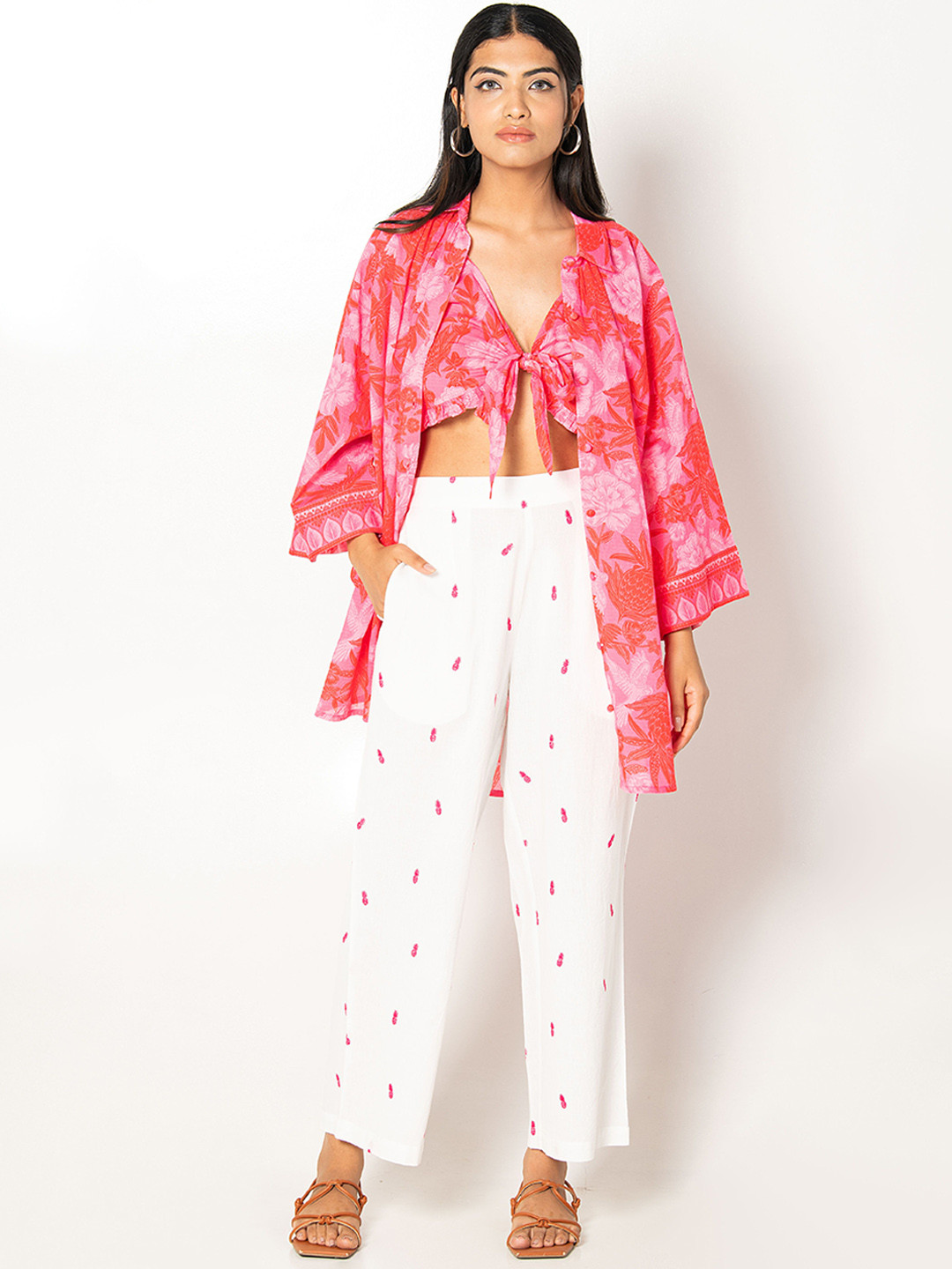 NAAV Printed Cotton Shirt Collar Neck Shirt With Trousers Co-Ords Come With Bustier