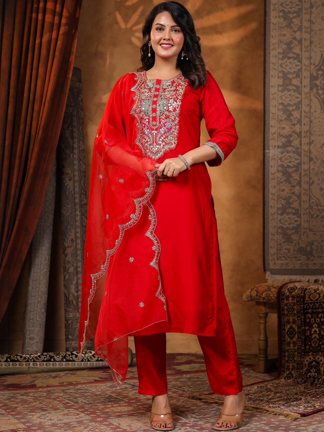 SCAKHI Women Red Dupion Silk Embroidered Suit Set
