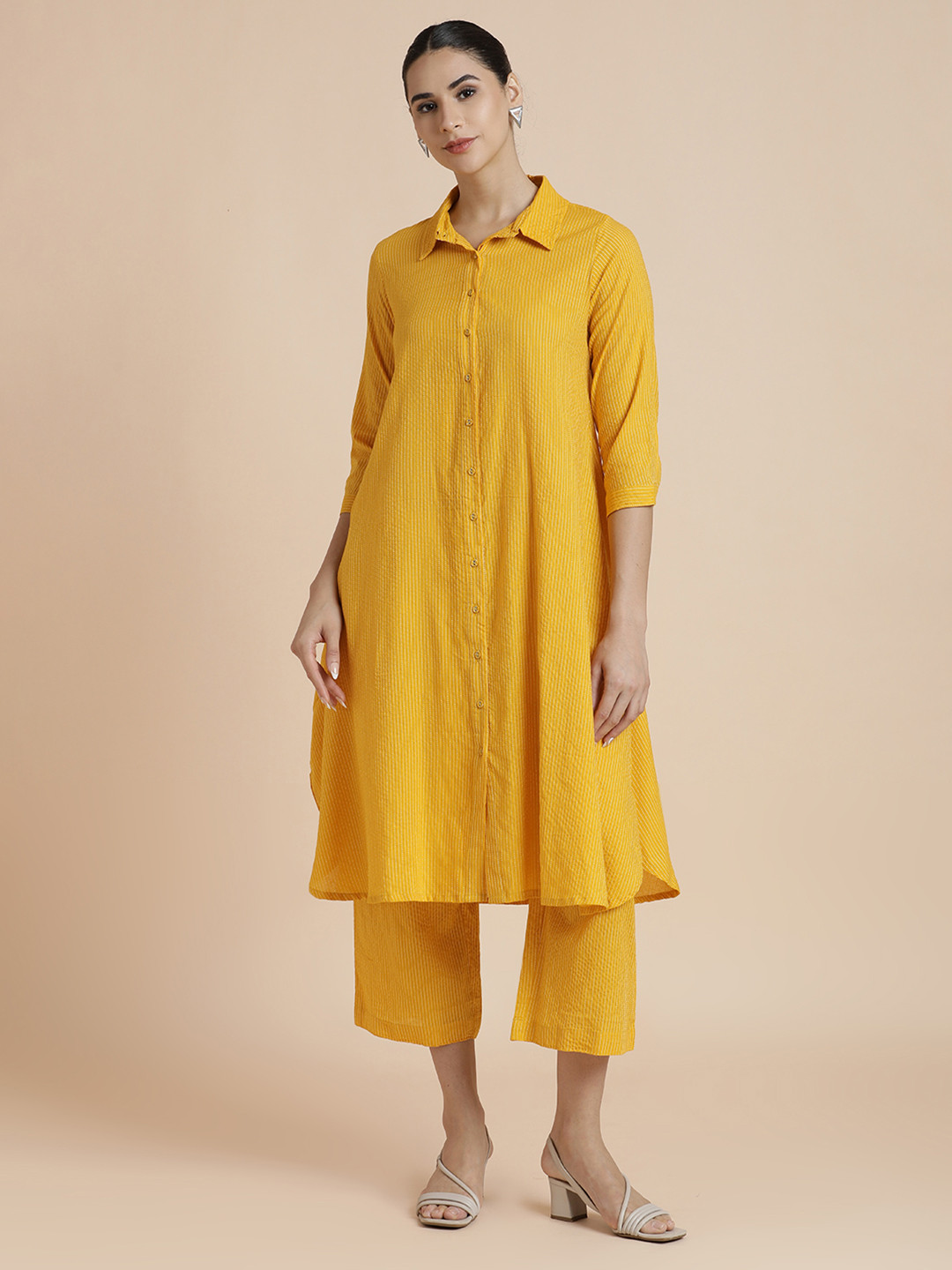 BLACK & BLAH BLAH Women Striped Cotton A-Line Kurta with Trousers