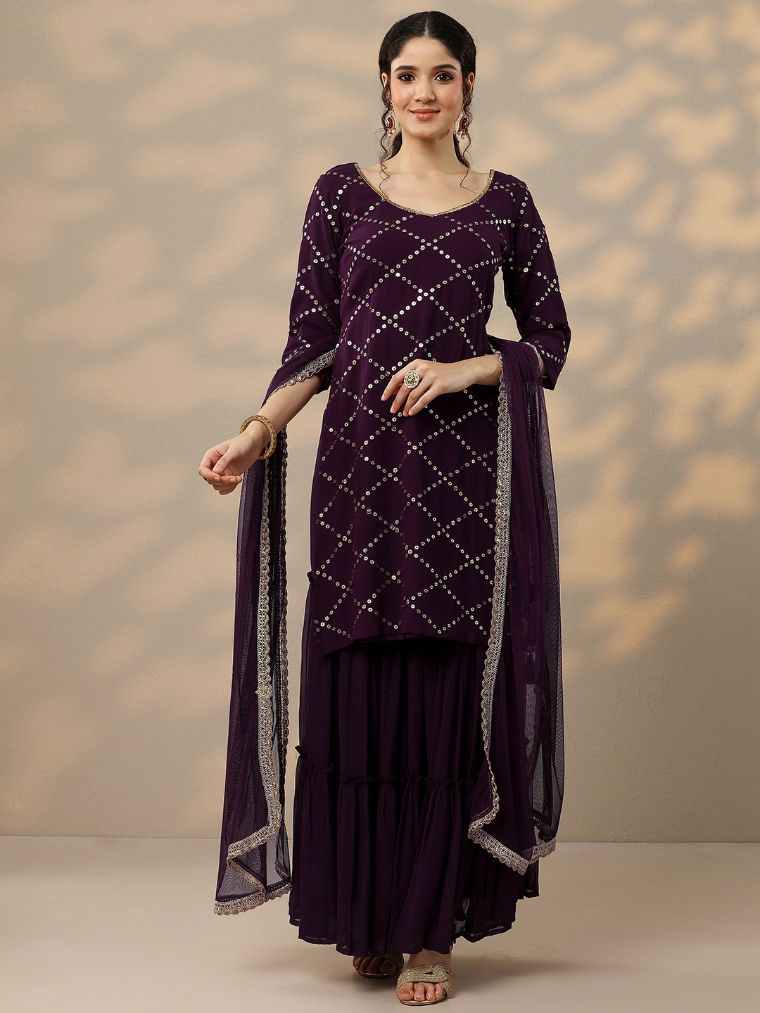 Libas Womens Purple Embroidered Georgette Straight Kurta With Sharara & Dupatta