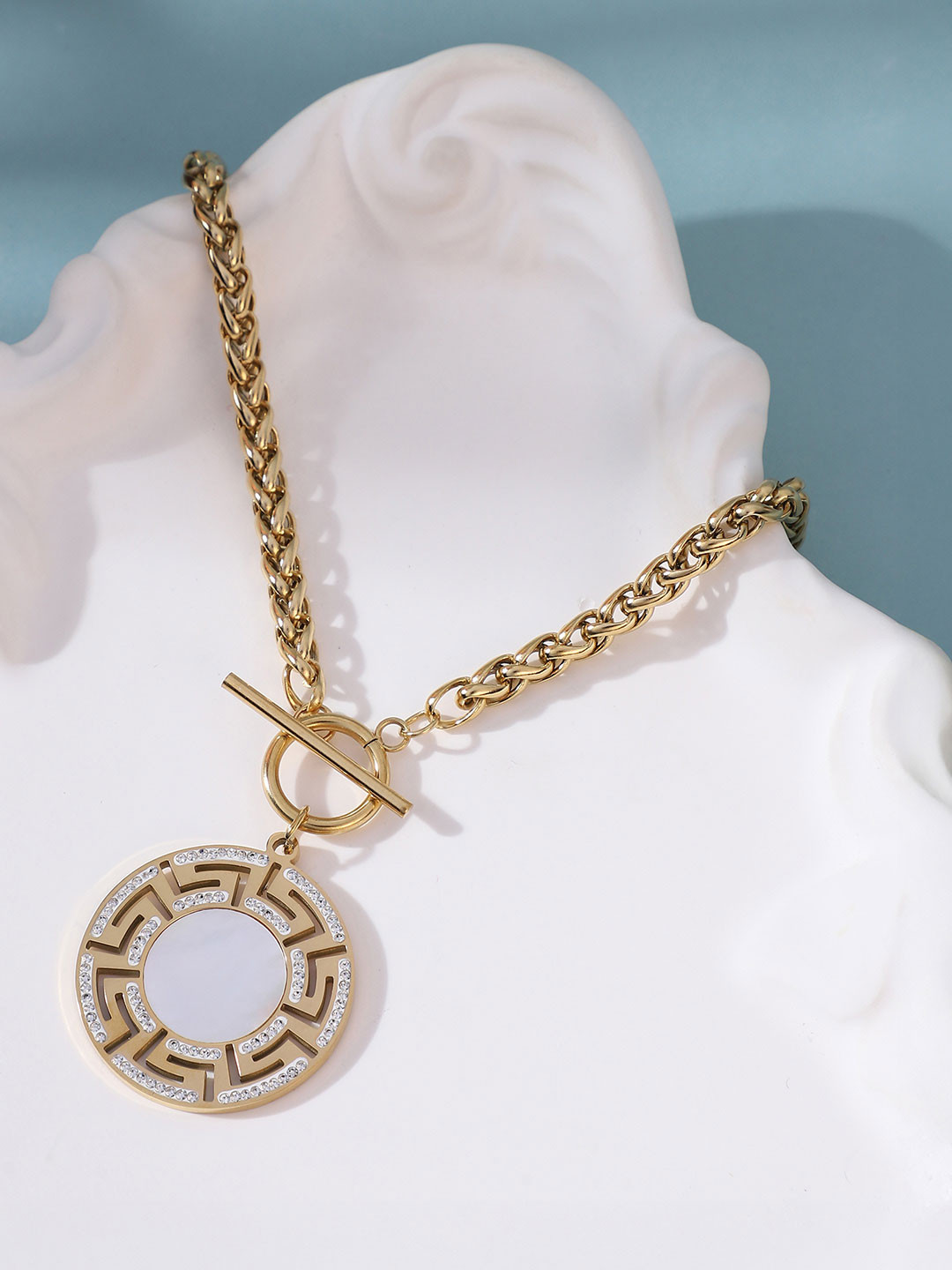 SOHI Gold-Plated Greek-Medalin Artificial Stones Studded Statement Necklace