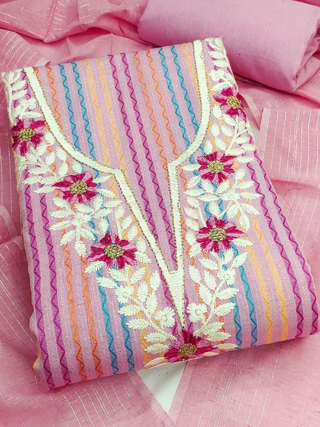 KALINI Women Cotton With Embroidery Work Unstitched Dress Material
