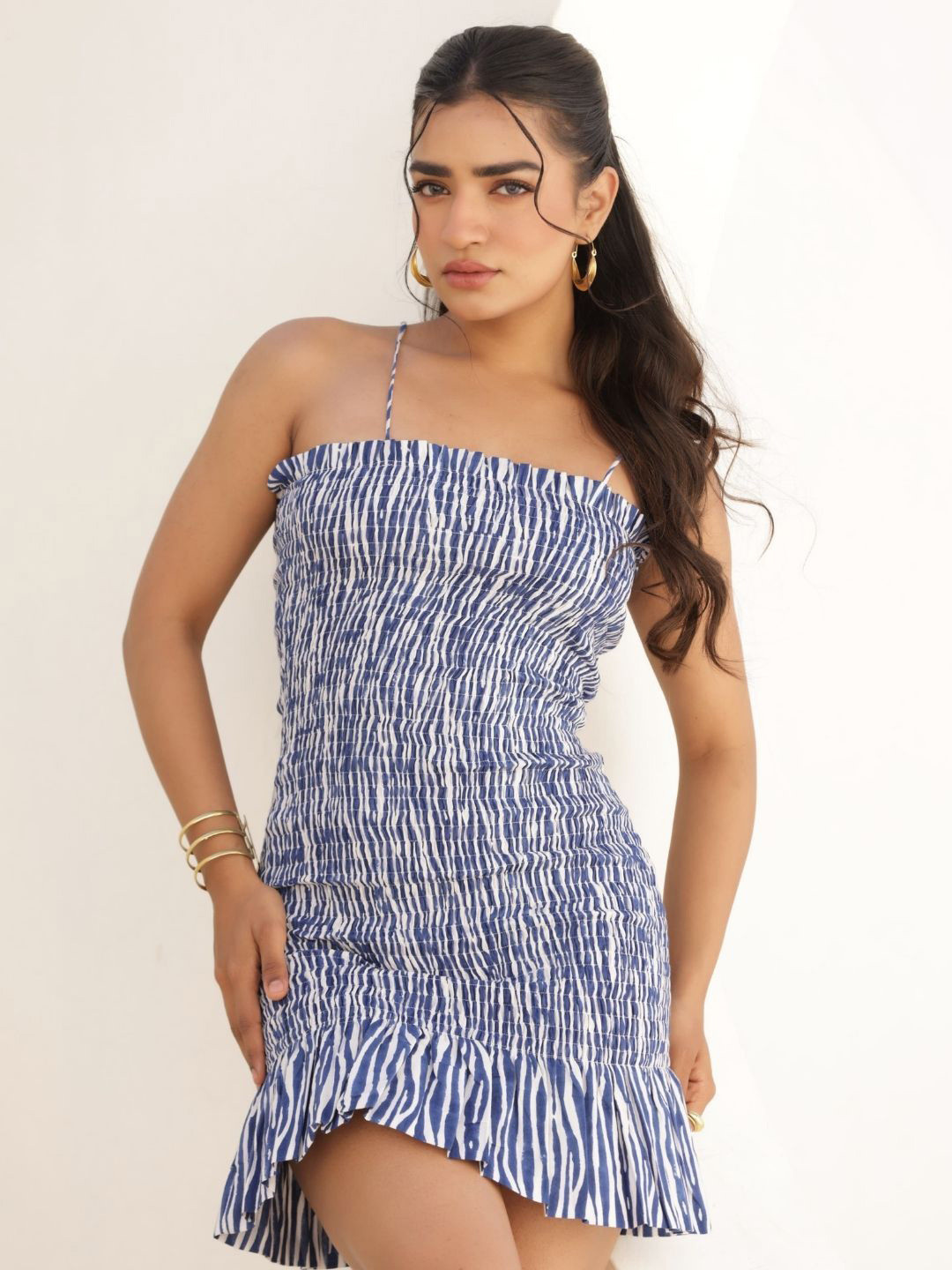 Tasya India Striped Print Smocked Bodycon Mini Dress