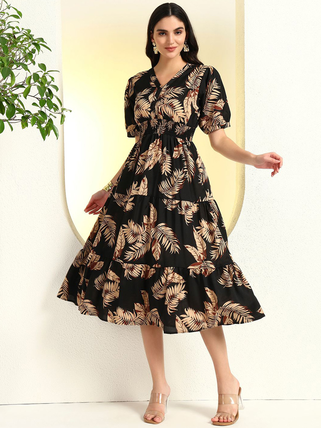 Pinly Tropical Printed Puff Sleeve Tiered Crepe Fit & Flare Midi Dress