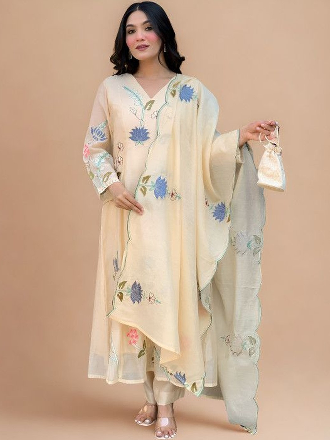Morang Women Floral Embroidered A-Line Kurta with Trousers & Dupatta