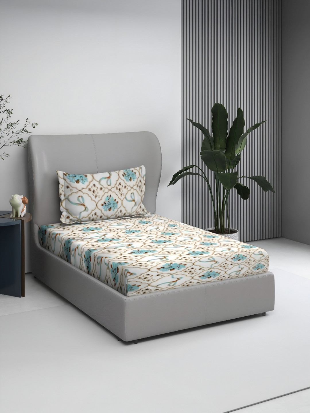 BOMBAY DYEING Fiesta Blue Printed Pure Cotton 140 TC Single Bedsheet Set 2.24 x 1.5 m