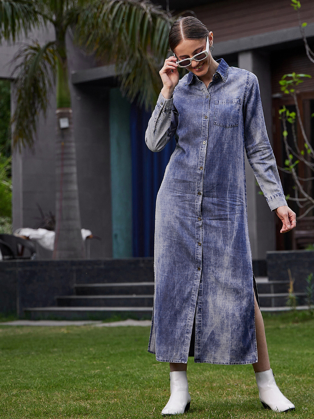 SASSAFRAS Faded Bell Sleeve Shirt Dress