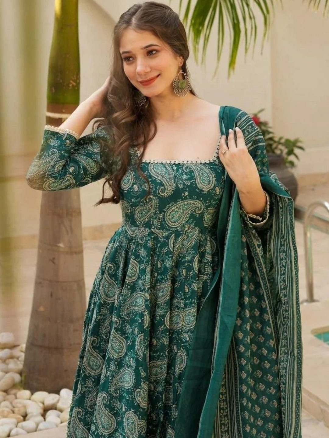 YOYO Fashion Paisley Printed Long Sleeves Anarkali Kurta With Palazzos & Dupatta