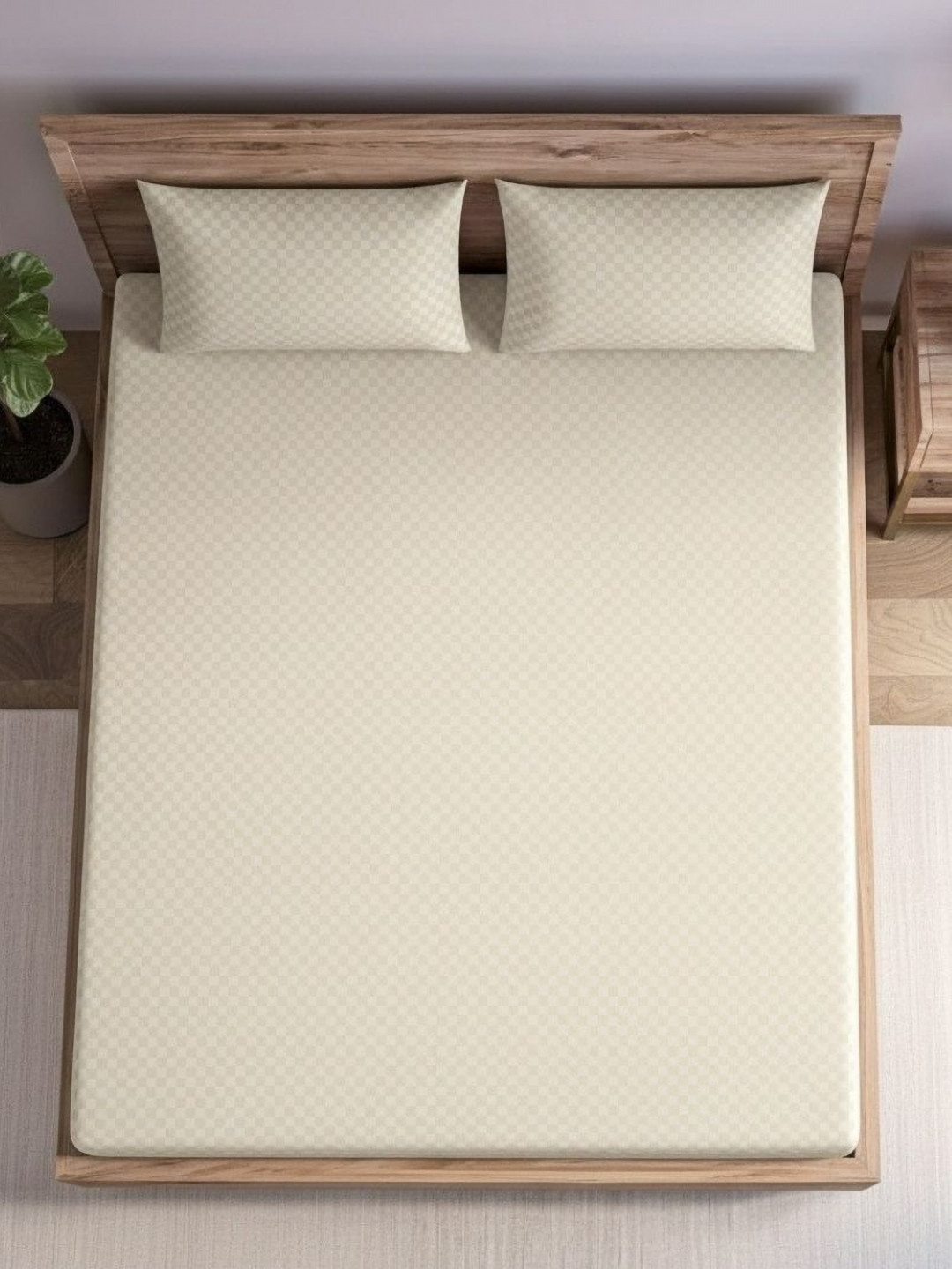 Sleeping Owls Bronze-Toned Checked Cotton 300 TC Double King Bedsheet Set 2.74 m  x 2.74 m