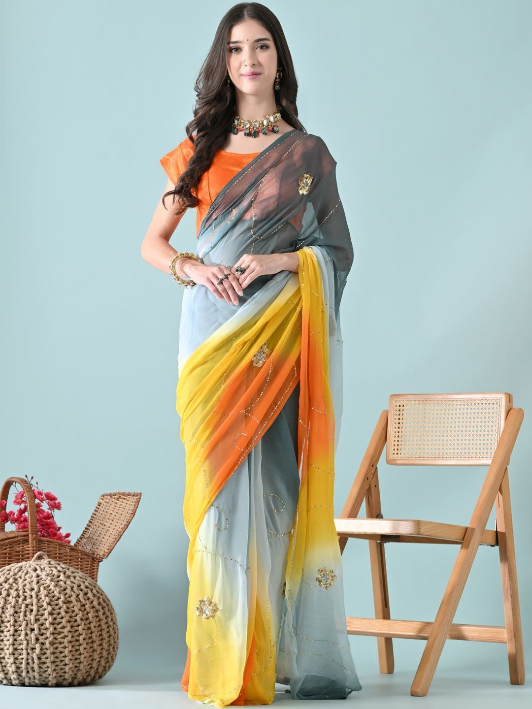 House of Chiffon Ombre Dyed Sequinned Kasab Jaal Pure Chiffon Saree