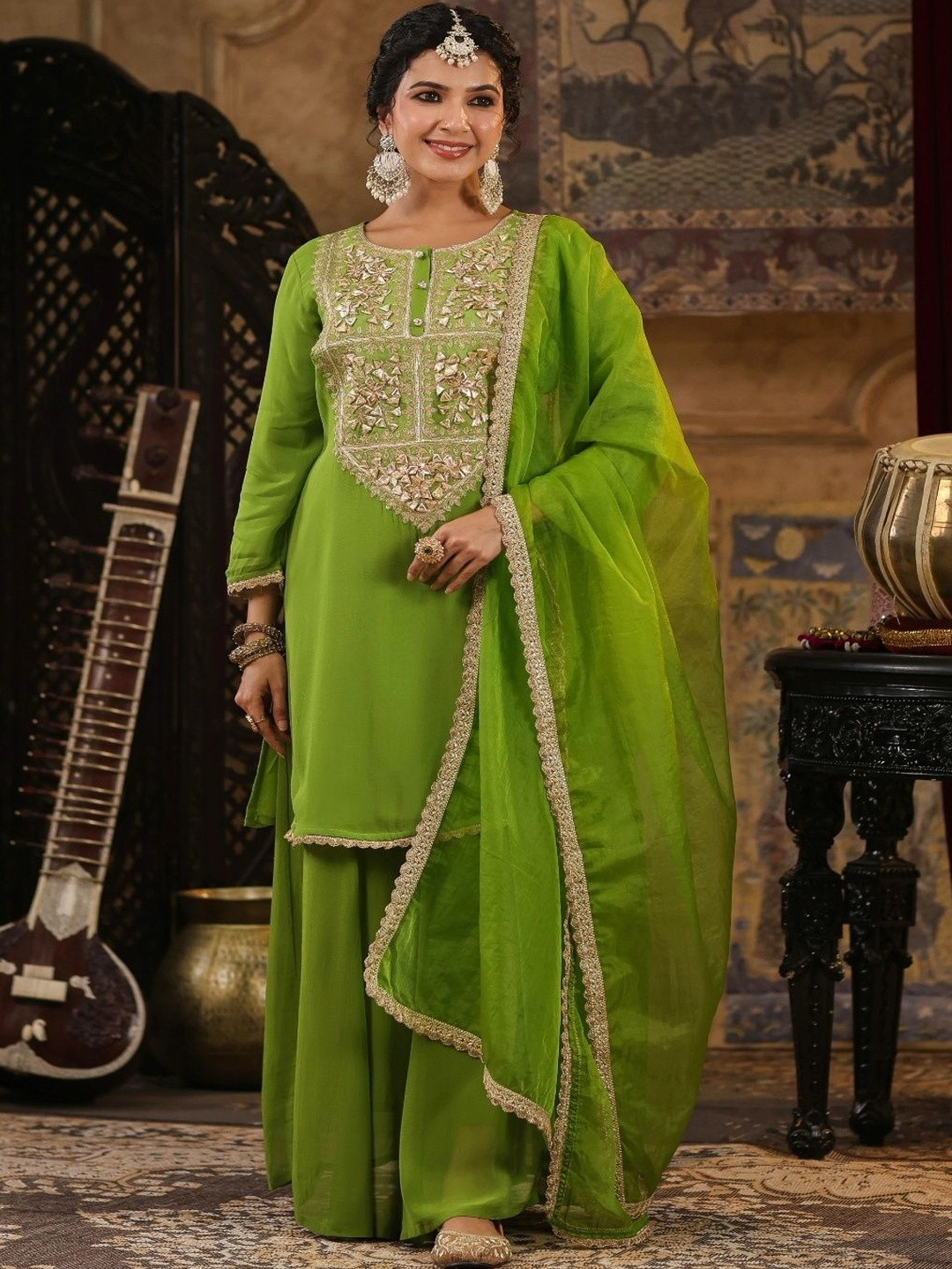 Tashvi's Women Embroidered Knee Length Regular Straight Kurti with Salwar & With Dupatta