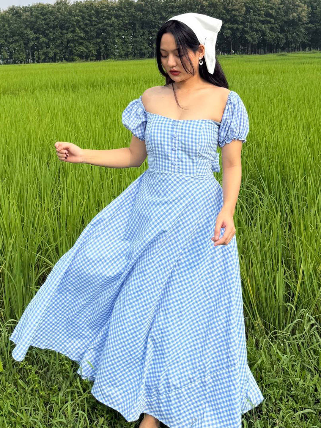 TAILORMADE CLOTHING Women Gingham Checked Off-Shoulder Cotton Fit & Flare Maxi Dress