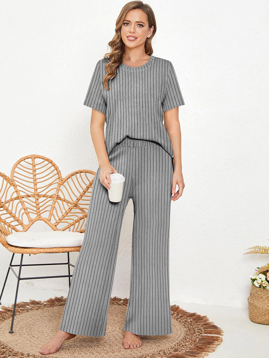 BAESD Striped Ribbed Round Neck Night Suit