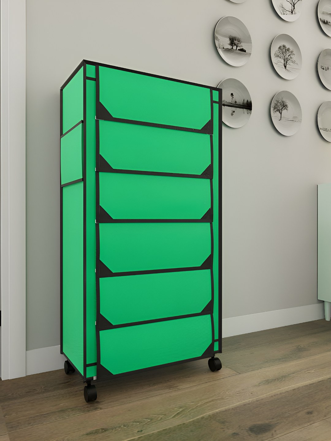 Fabura Green & Black 6-Layers Shoe Rack With Wheels