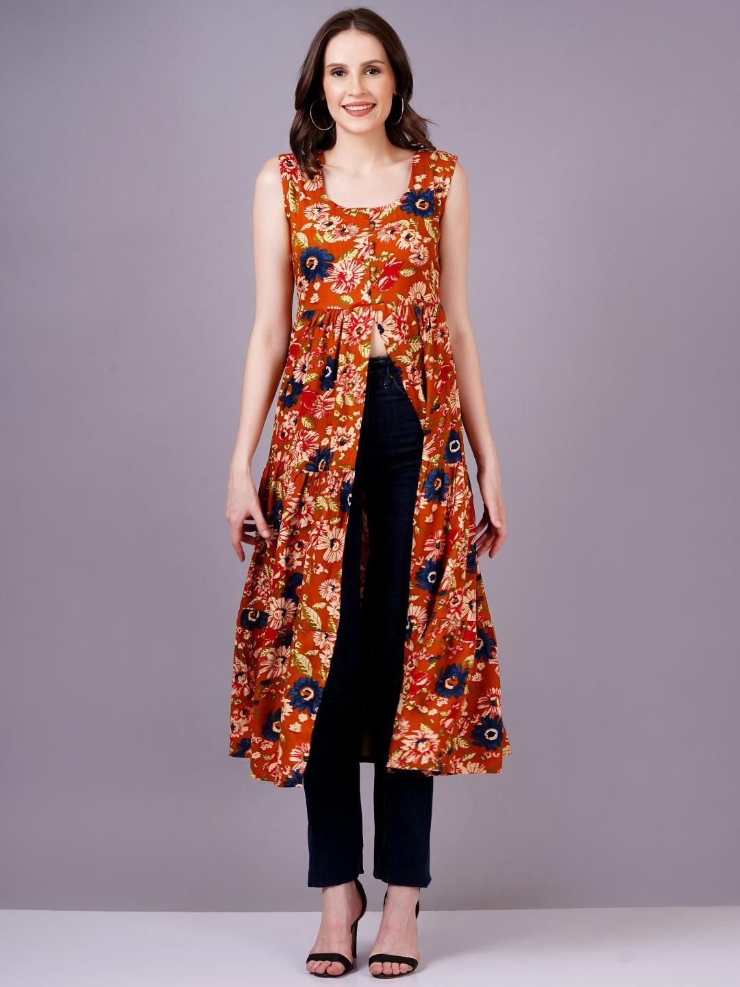HIGHLIGHT FASHION EXPORT Women's Floral Printed Front Slits A line Maxi Dress