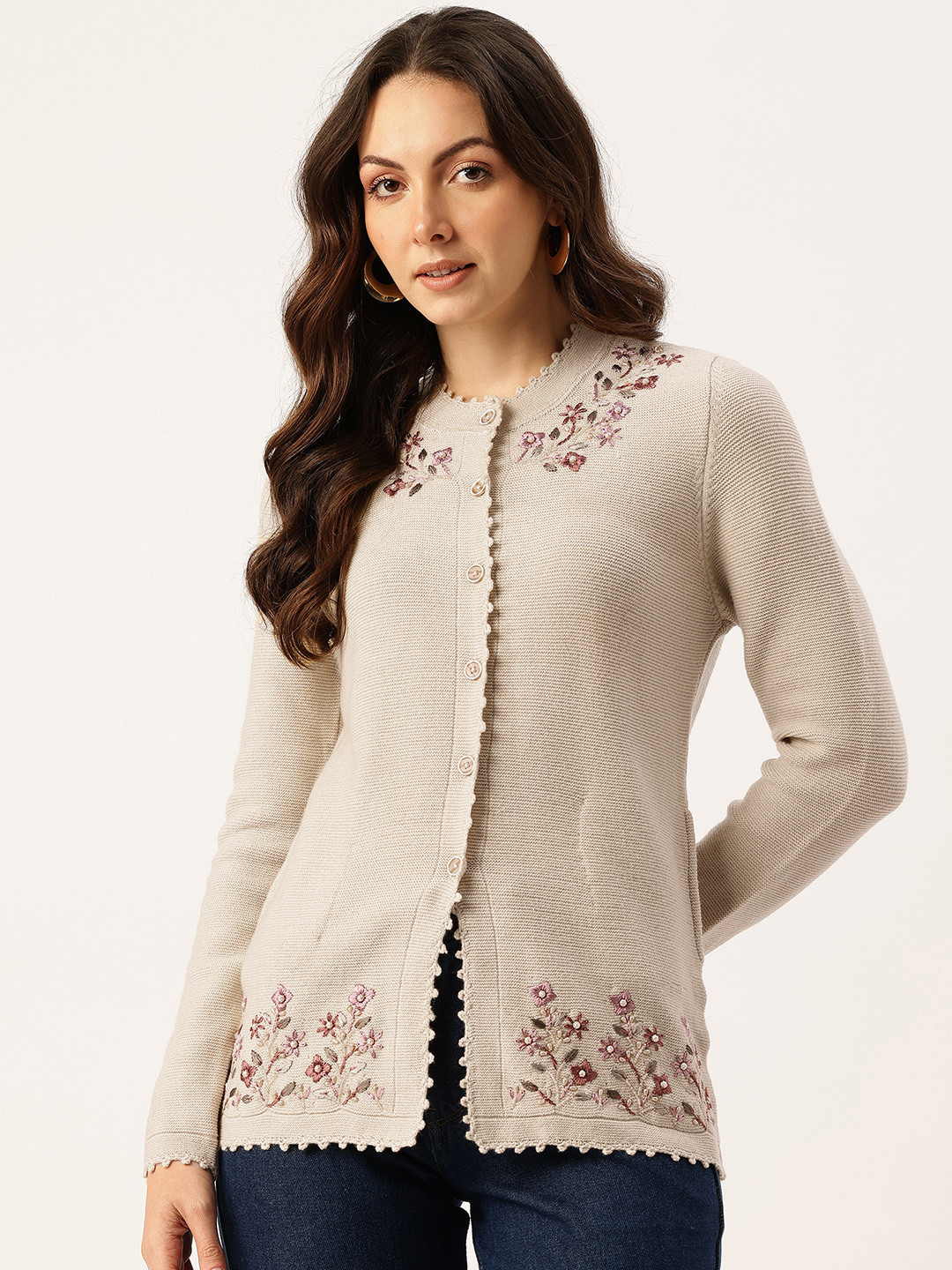 APSLEY Floral Embroidered Button-Down Cardigan with Embellished Detail