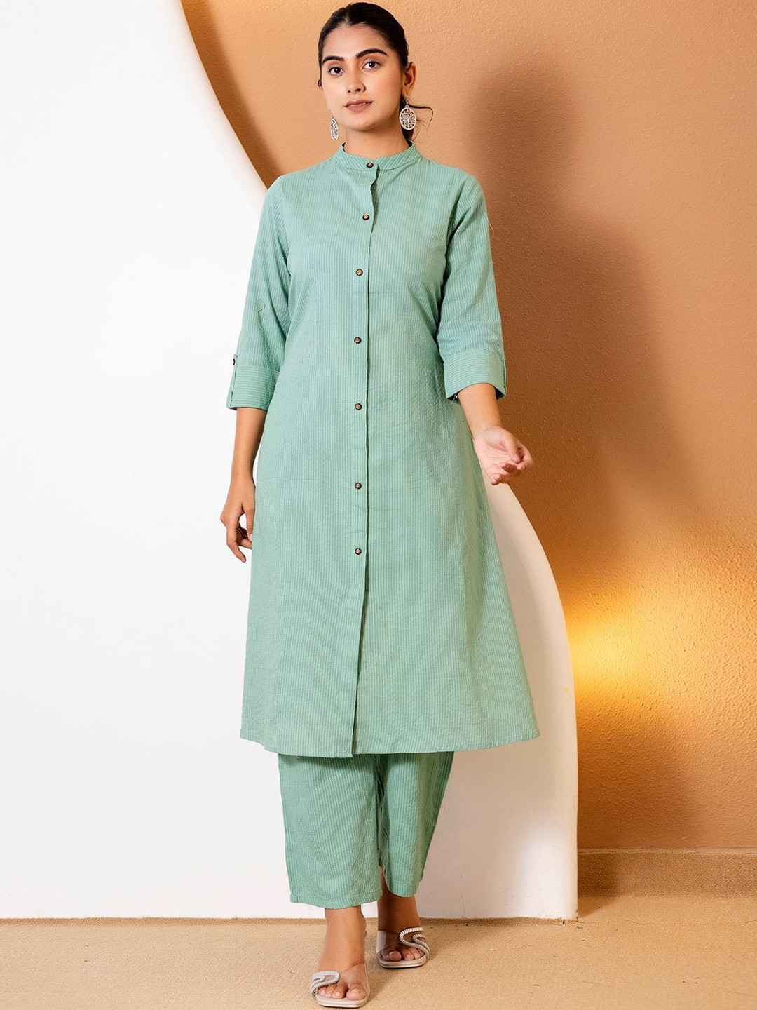 Cora Women Striped Mandarin Collar Roll-Up Sleeves Pure Cotton A-Line Kurta with Trousers