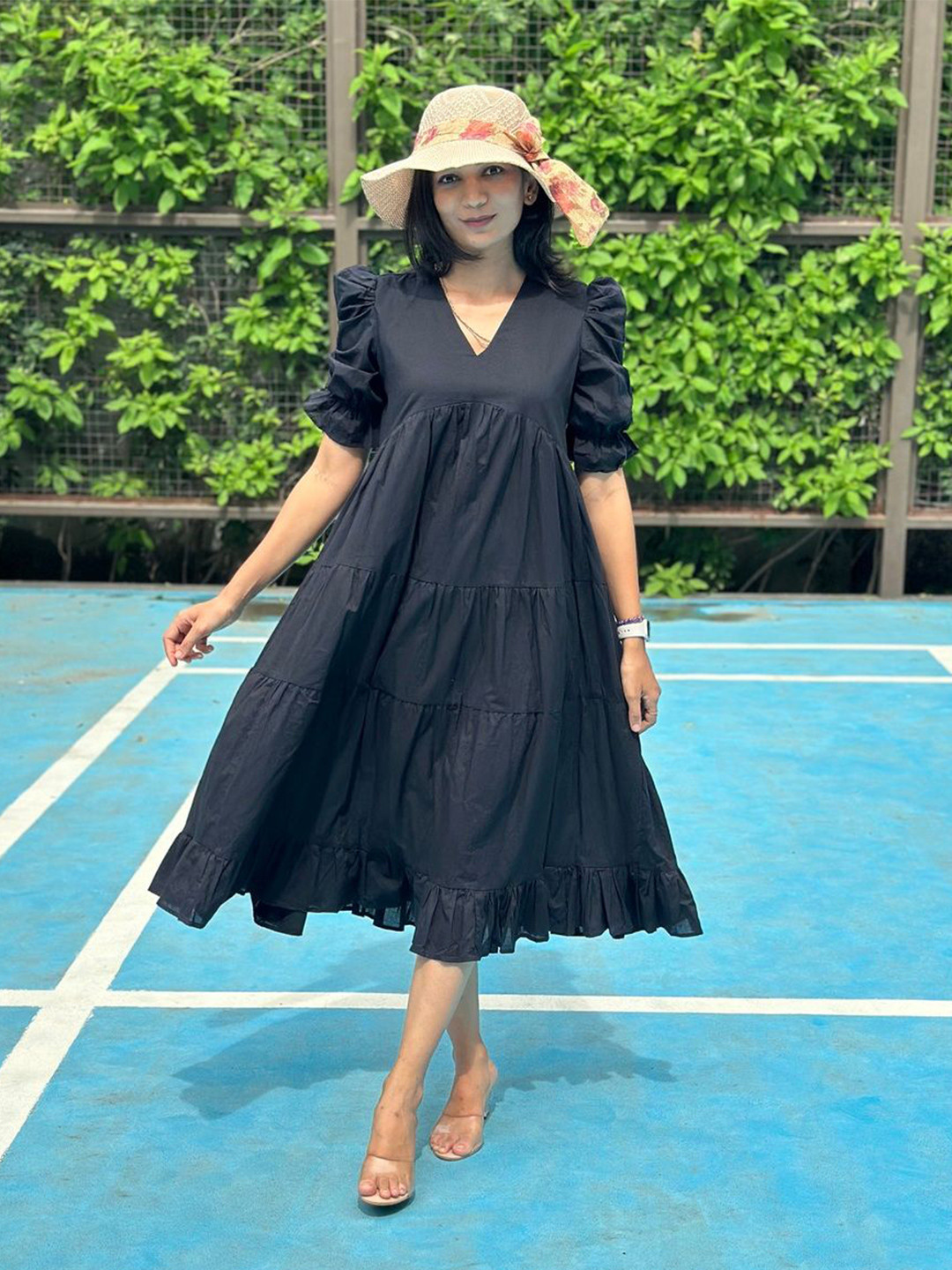 In Your Dreams Women V-Neck Puff Sleeve Ruffled Tiered Empire Midi Dress