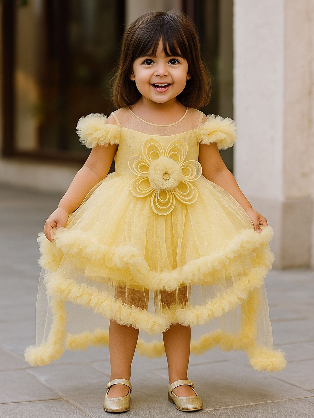 Lagorii Girls Yellow Ruffle Gown with 3D Floral Applique