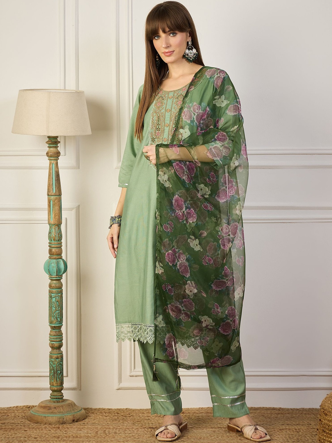 VredeVogel Women Viscose Rayon Kurta Pant Set with Dupatta