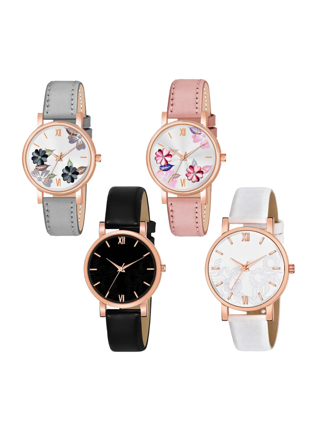 THE SHOPOHOLIC Women Set of 4 Leather Straps Analogue Watches K-GP-R-BW