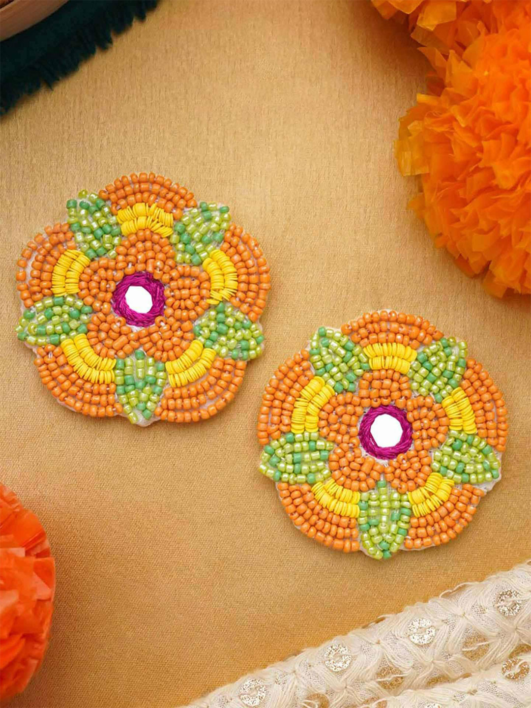 EVERSTYLISH Sanjoya Rangoli Beautiful Embroidered Mirror & Resham Haldi Earrings