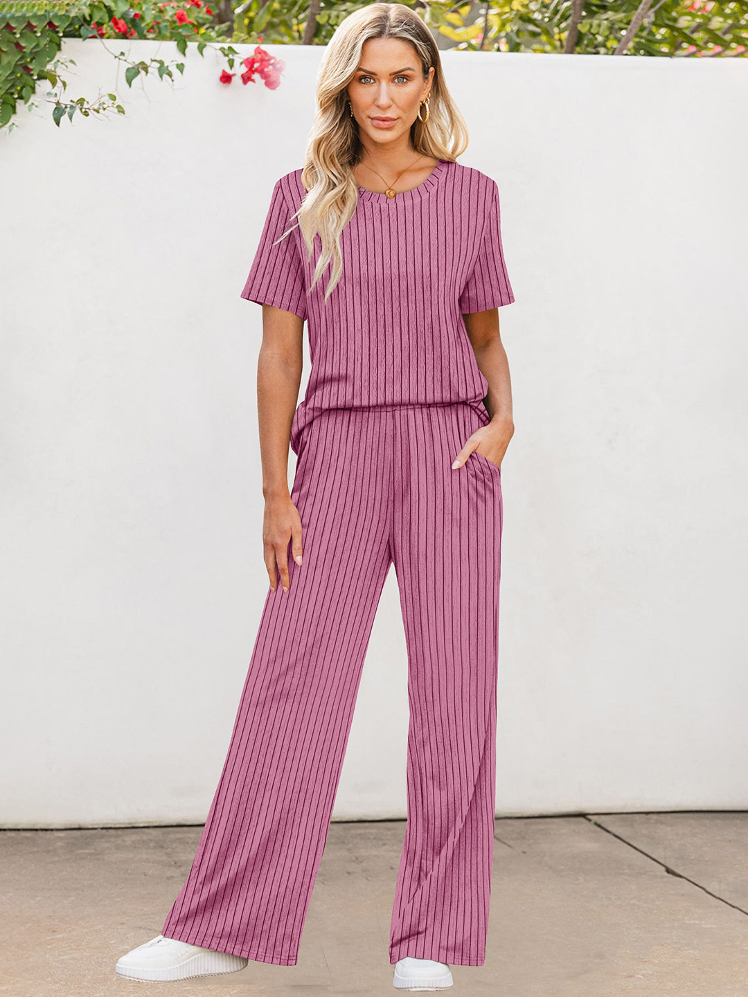 CILIMILI Women Lycra Pink Striped Casual T-shirt & Wide-Leg Pants Co-ord Set