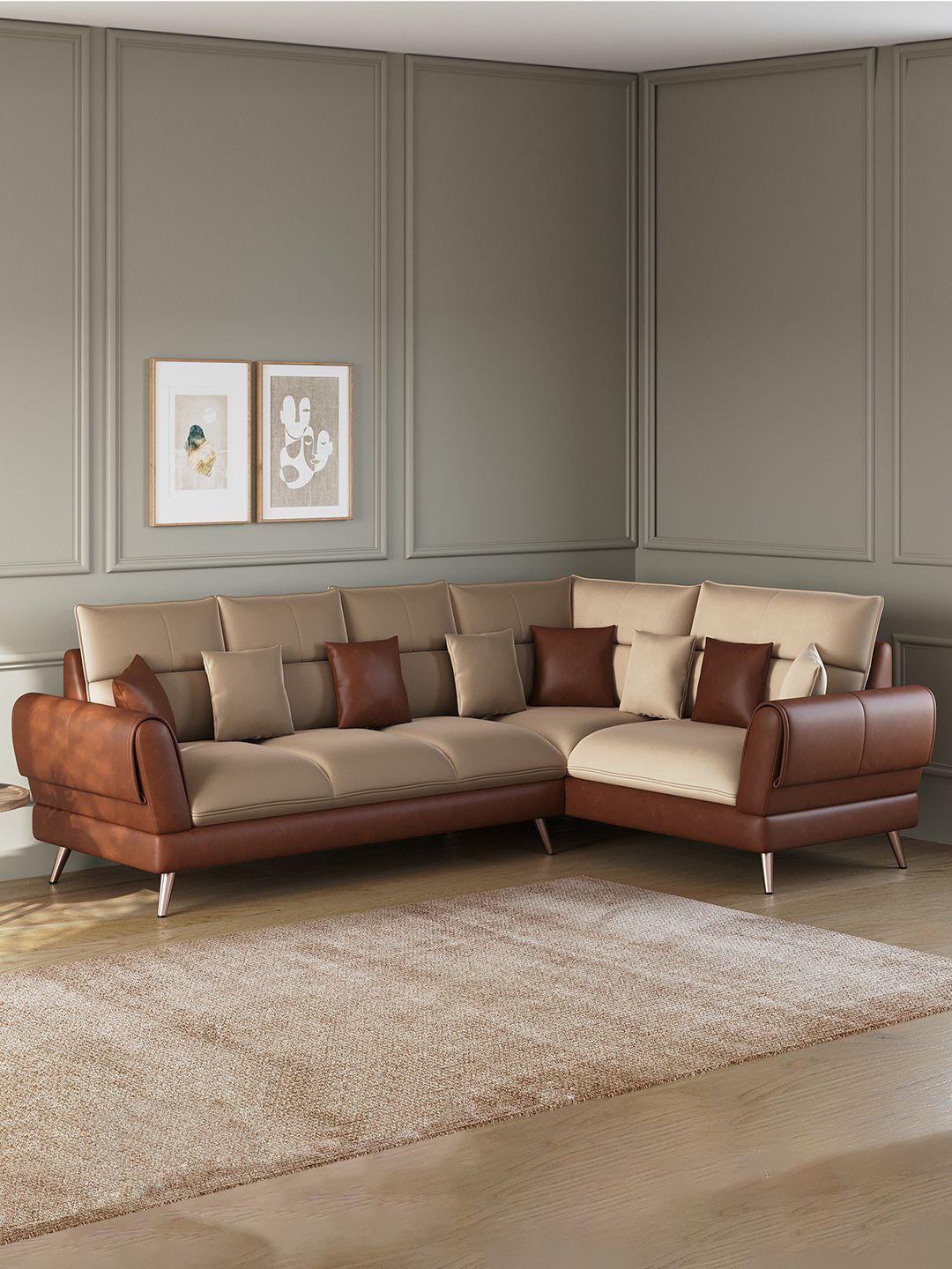 ARRA Brown & Beige Right Facing Corner 6 Seater Designer Leatherette Sofa