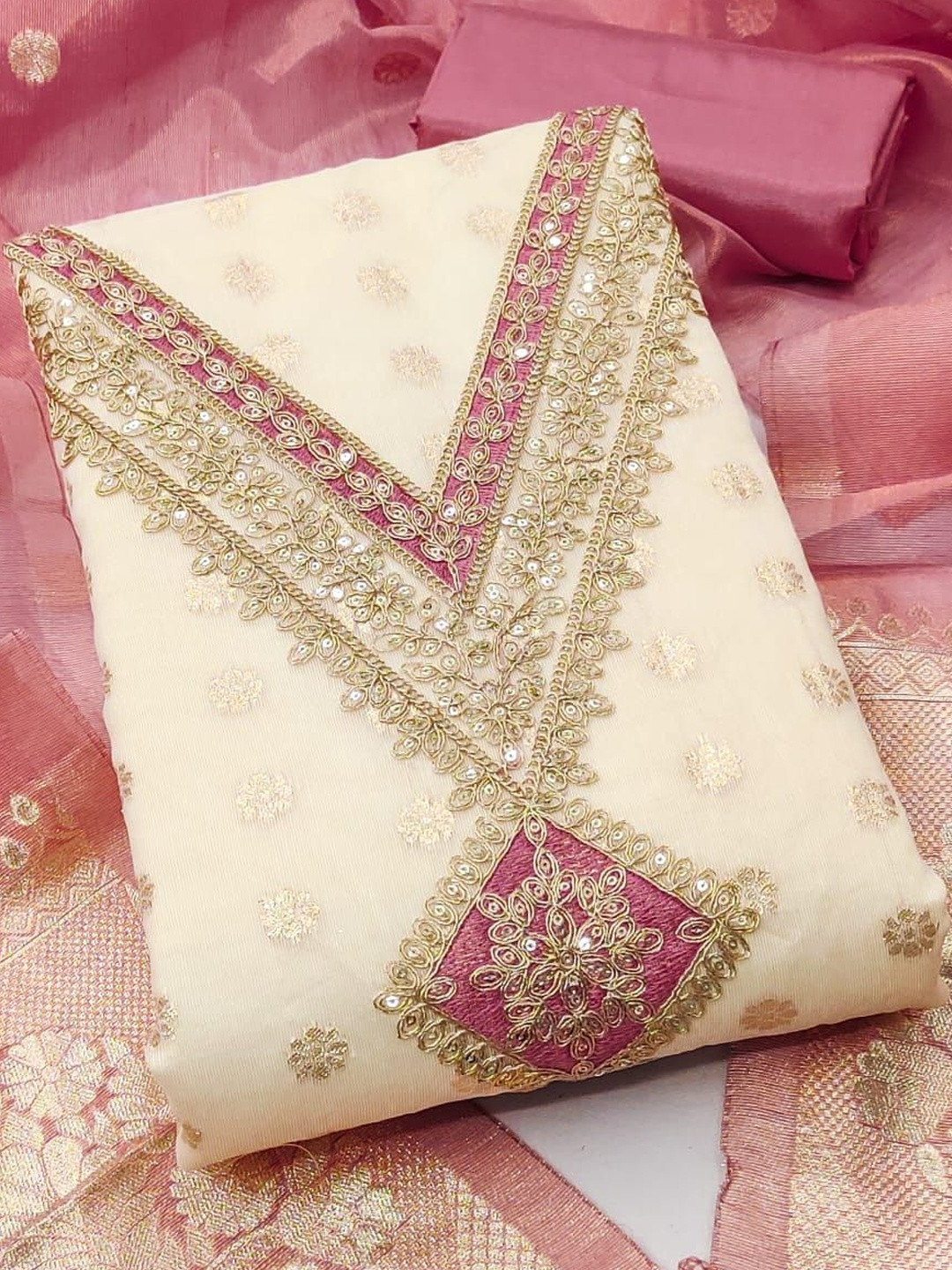 KALINI Women Simmer Silk With Sequence Coding Work Dress Material