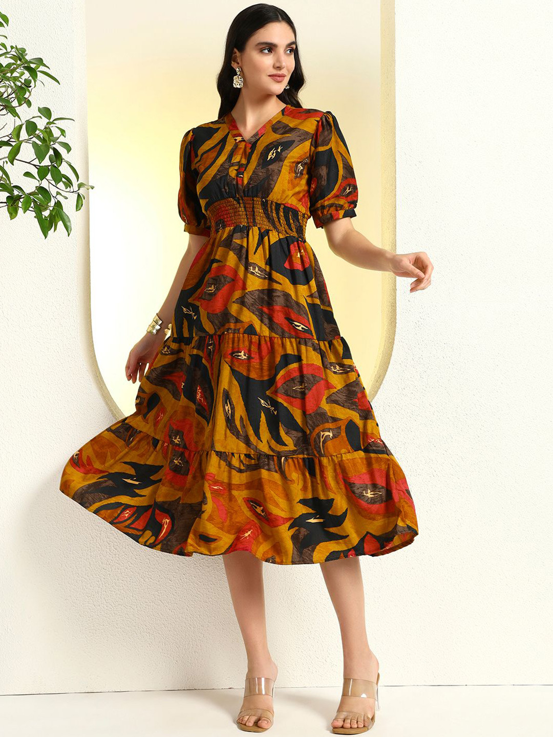 Pinly Print Puff Sleeve Crepe Fit & Flare Midi Dress