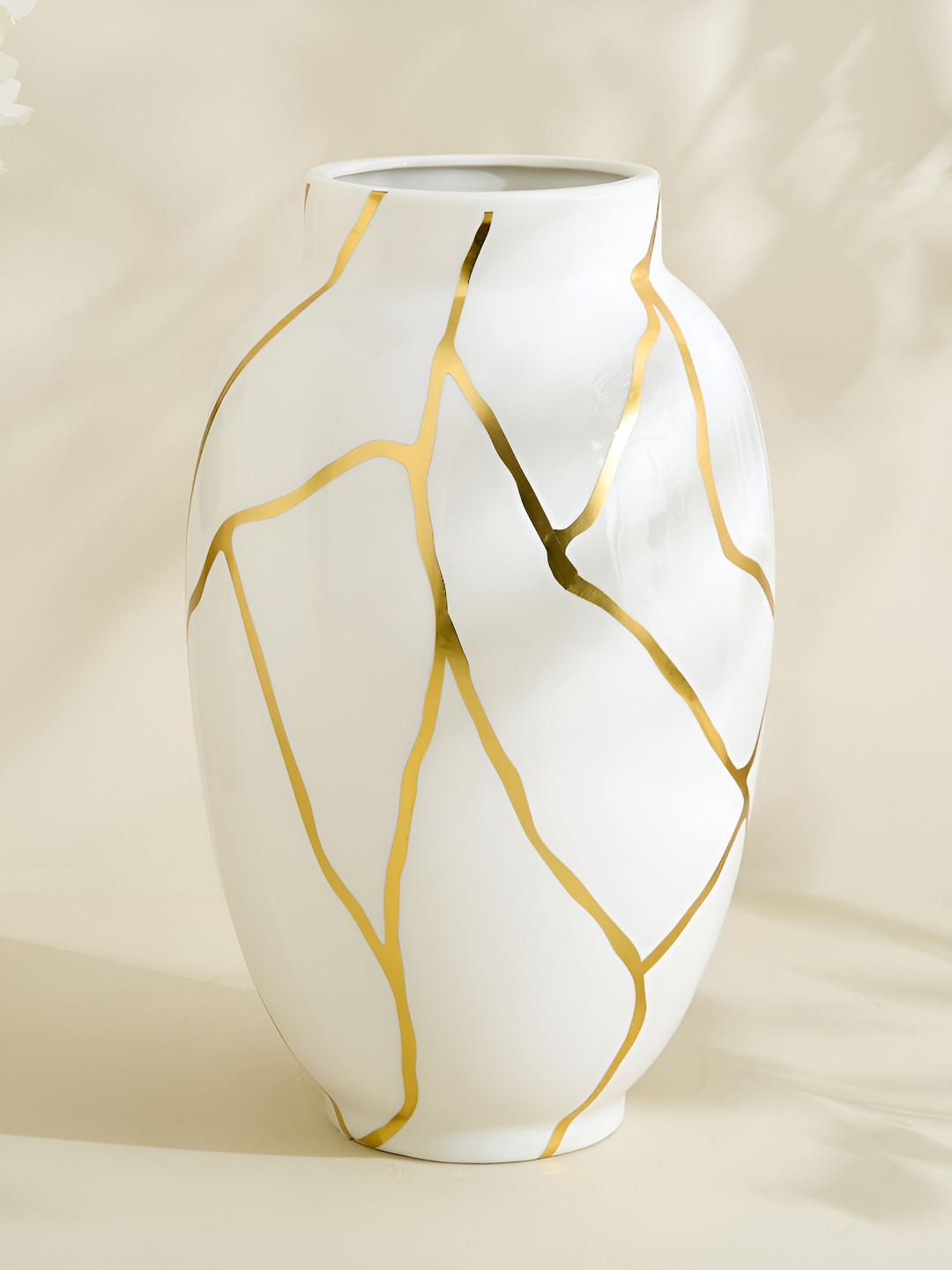 Home Centre Oro White & Gold-Toned Kinsuki Printed Ceramic Vase