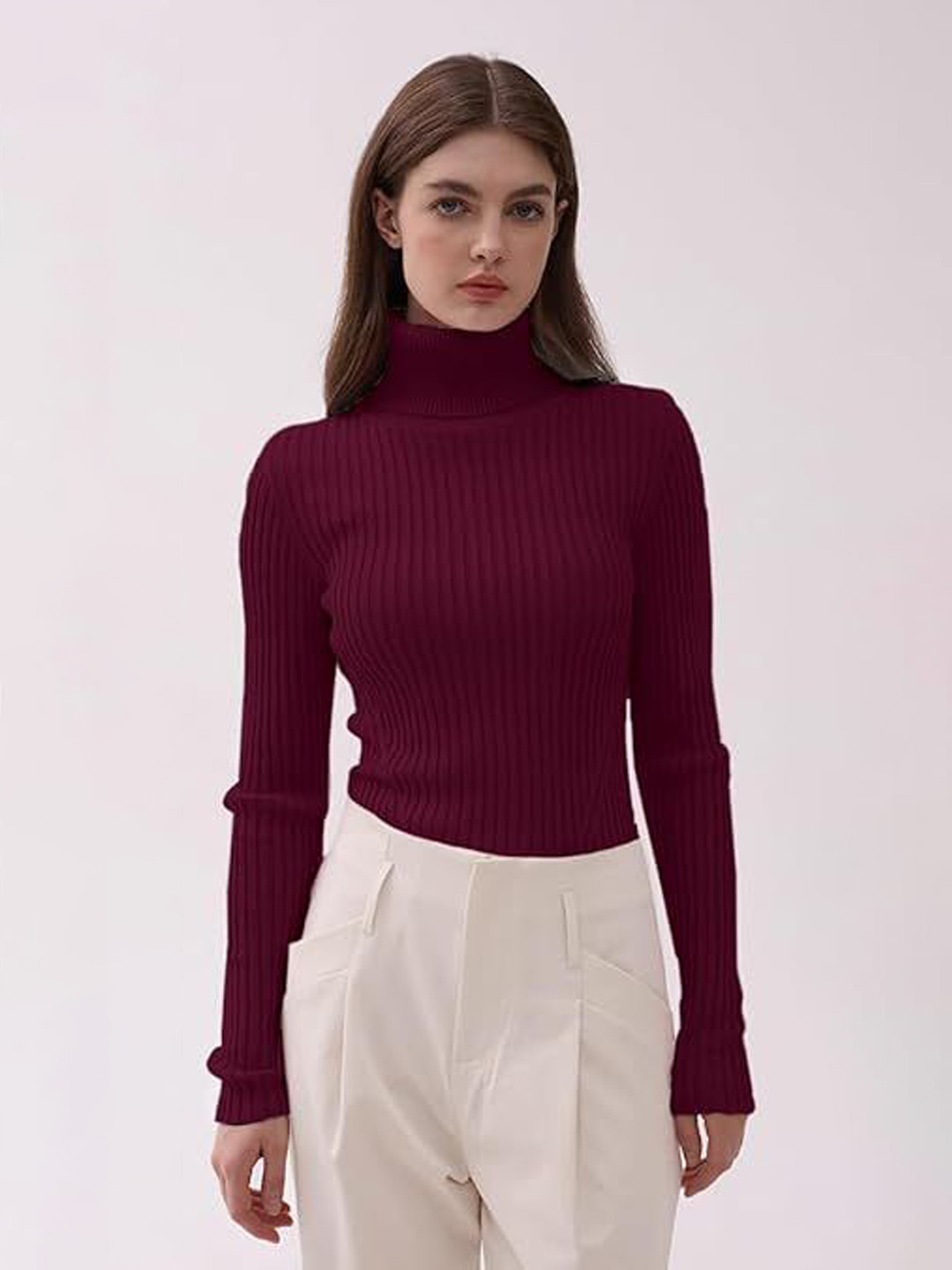 SHIFA Women Solid Full Sleeves Turtle Neck Pullover Sweatshirts