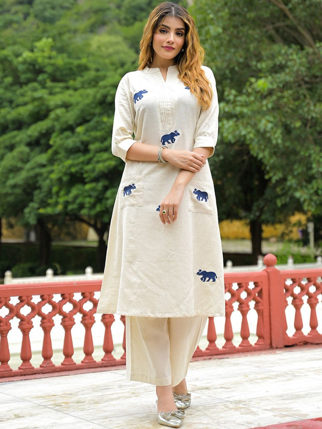 KALINI Animal Embroidered Patchwork Pure Cotton Kurta With Trousers