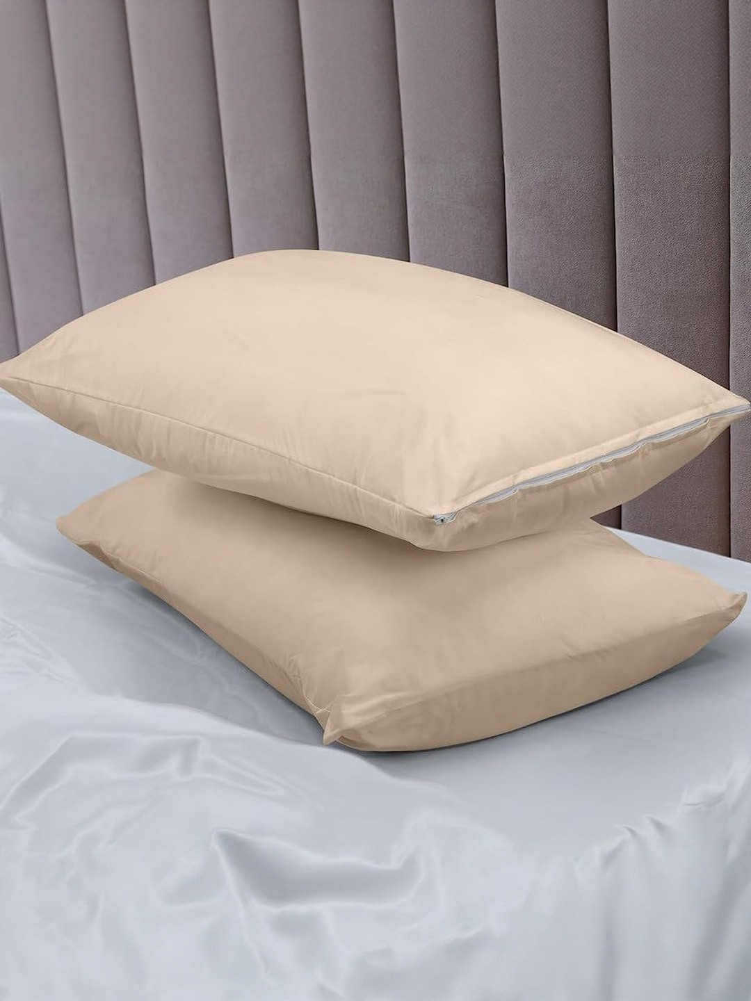 AGS ACTIVE Beige Pack Of 2 Cotton Filled Zipper Pillow Protector