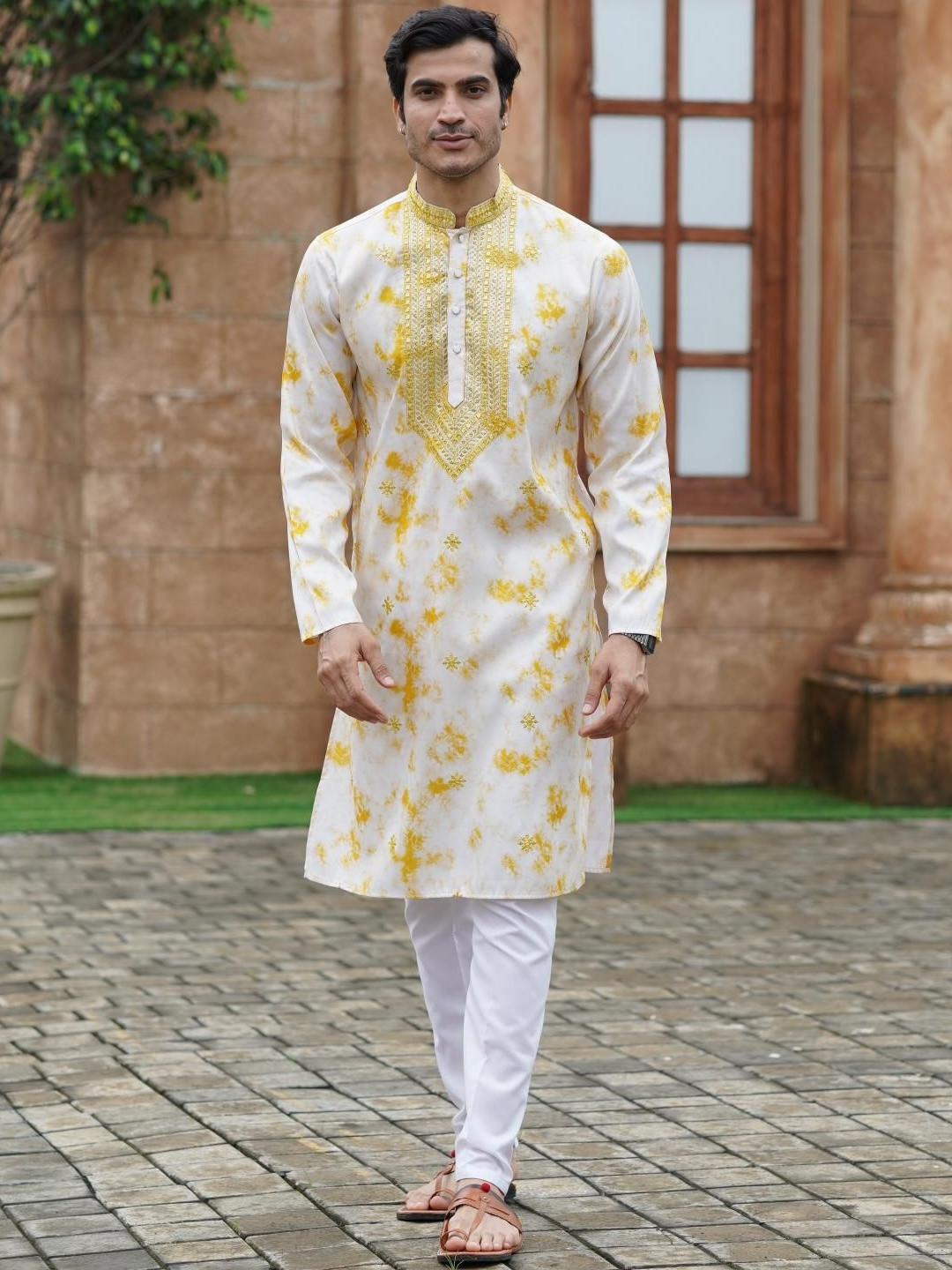 INDIROOP Tie & Dyed Abstract Embroidered Mandarin Collar Sequinned Kurta With Pyjamas
