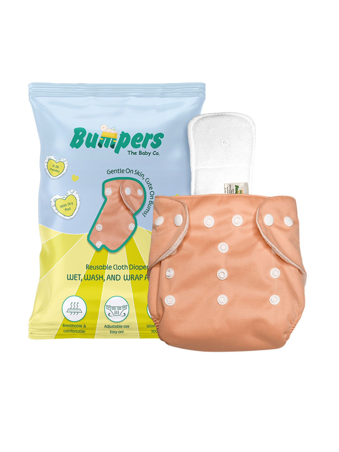 Bumpers the baby co. Reusable Cloth Diaper With Insert Pad - 3M - 3Y - Orange