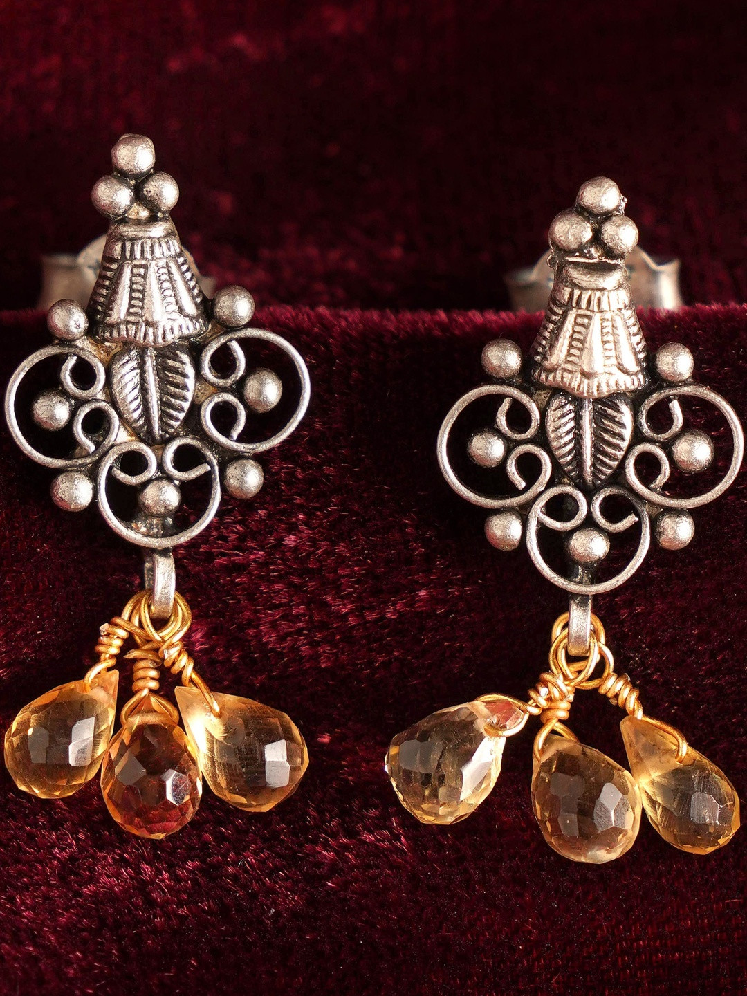 JAYPORE Silver Agate Beaded Geometric Drop Earrings