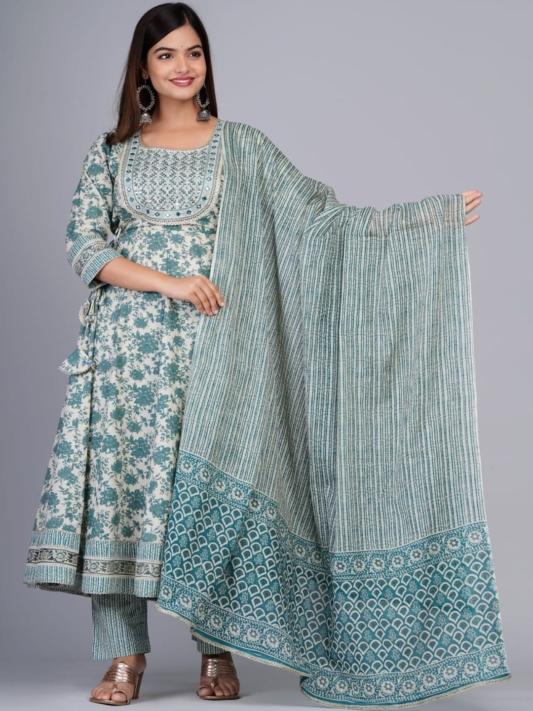 Aloan Beauty Women Floral Printed Mirror Work Pure Cotton Kurta with Palazzos & Dupatta